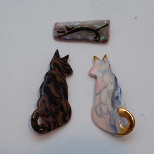 3 Handmade Painted Ceramic Cat Pins